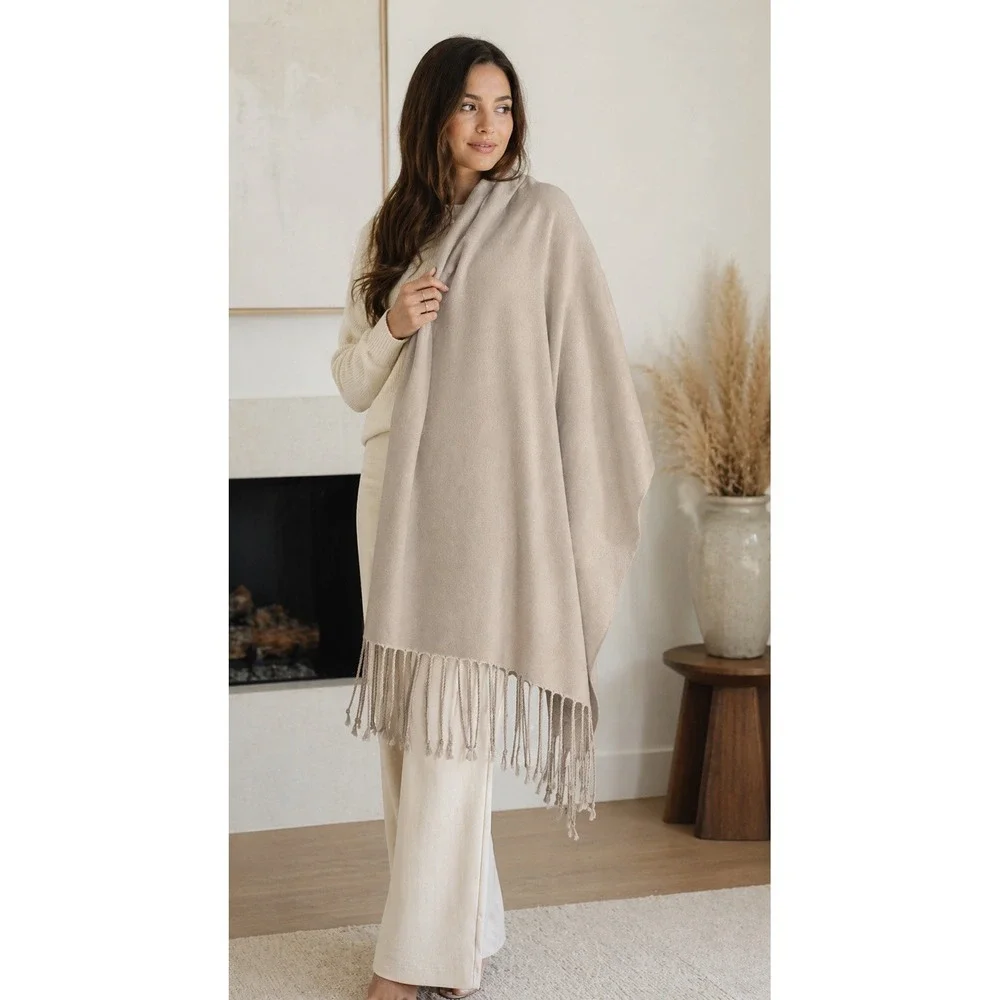 Oversized Neutral Ruana Wrap Shawl Fringe Travel Scarf Cozy Soft Poncho 26x96